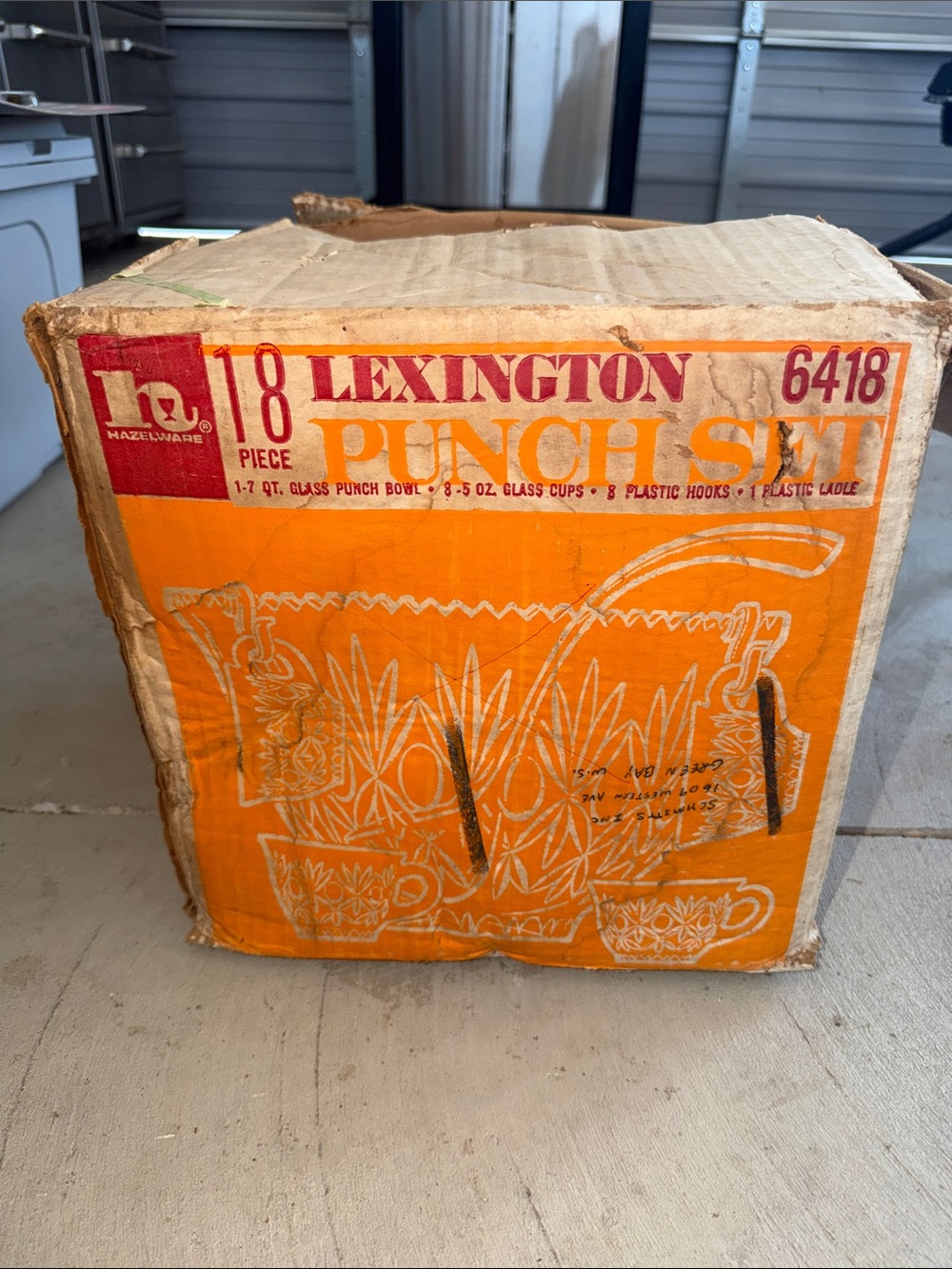 Vintage Hazelware 17 Piece Lexington Punch Set, 8 Glass Cups, 1 7-qt Bowl, Hooks